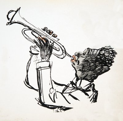 Trompetenspieler, aus White Bottoms, veröffentlicht 1927 (Farbholzschnitt) von Sem